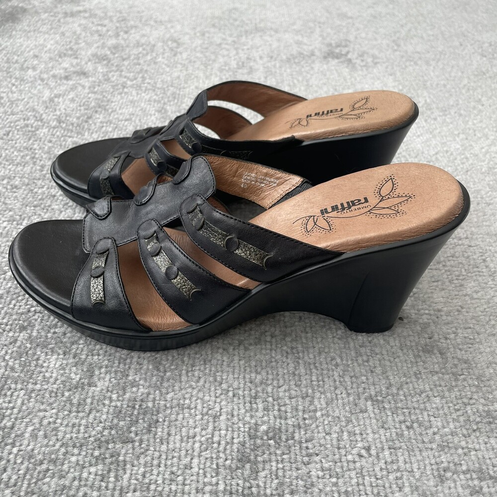 Umberto Raffini Sandals Womens Size 40 Black Leather Wedge Shoes 4" Heel Classic